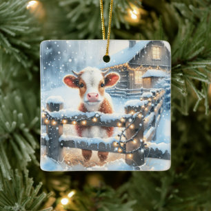 Adorno De Cerámica Vaca festiva linda de Navidad personalizada