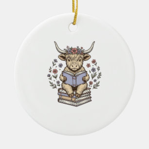 Adorno De Cerámica Vaca Floral Leyendo Libros Diseño Vintage Apilado_