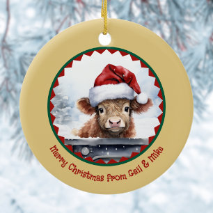 Adorno De Cerámica Vaca Highland con Santa Hat lindo y Navidades de n