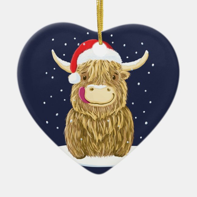 Adorno De Cerámica Vaca Highland En Escocia En Nieve De Los Navidades (Frente)