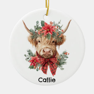 Adorno De Cerámica Vaca Highland Navideña Personalizada
