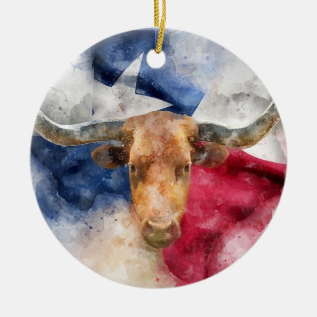 Adorno De Cerámica Vaca Longhorn con bandera de Texas (Frente)