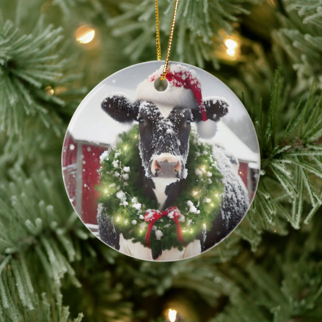 Adorno De Cerámica Vaca navidad con sombrero de Santa Sombrero (Árbol)