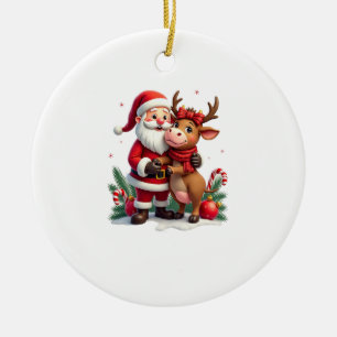 Adorno De Cerámica Vaca navideña de las Highlands con Papá Noel escoc