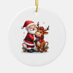 Adorno De Cerámica Vaca Navideña de las Tierras Altas con Papá Noel E