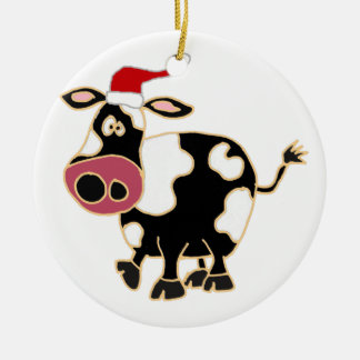 Adorno De Cerámica Vaca negra y blanca en Santa Hat