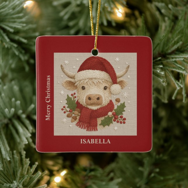 Adorno De Cerámica Vaca rústica de montaña con Santa Hat (Árbol)