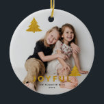 Adorno De Cerámica Vacaciones de navidades 2 Photo Family Keepsake<br><div class="desc">Navidades de fotografía purpurina Joyful Photo Ornament con árboles purpurinas y fotos en la parte delantera y trasera. Reemplace con sus fotos haciendo clic en el botón "Personalizar" y añada su mensaje y nombre personalizado en el reverso</div>