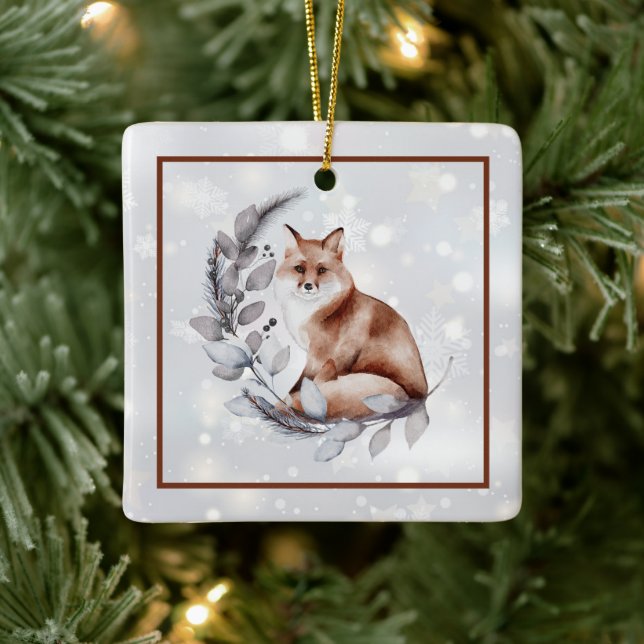 Adorno De Cerámica Vacaciones de zorro acuarela y nieve (Árbol)