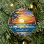 Adorno De Cerámica Vacaciones en St John Beach<br><div class="desc">Escena de playa de cristal fino y personalizado,  recuerdo de St John Trip. Ideal para Navidades y vacaciones familiares,  o luna de miel en recuerdo. Personalización: Cambiar título y año para convertirlo en único.</div>