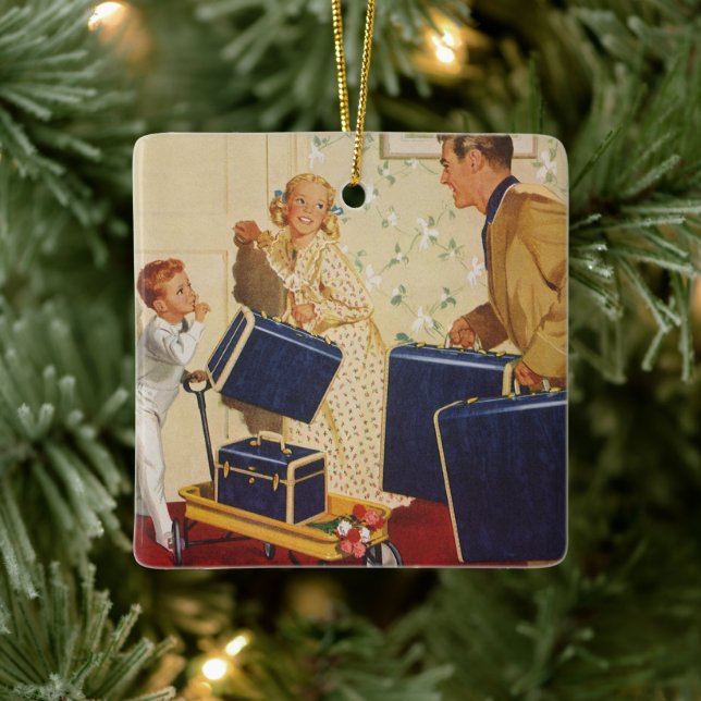Adorno De Cerámica Vacaciones familiares, papá, niños y maletas (Árbol)