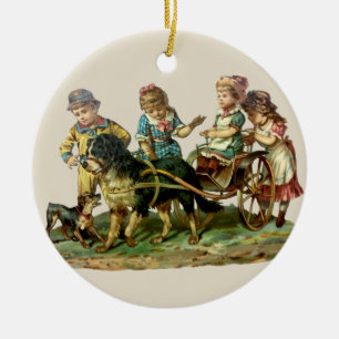 Adorno De Cerámica Vagón Antiguo de Niños y Perro