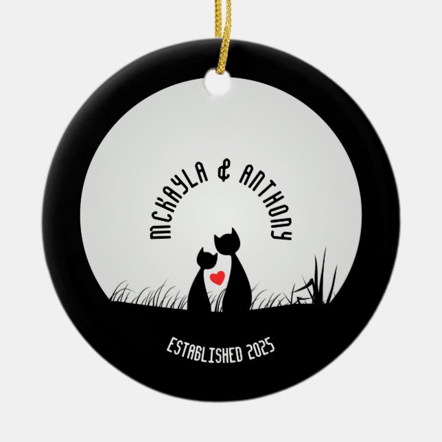 Adorno De Cerámica Valentine Cats Red Heart Moon Silhouette Pareja (Frente)