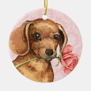 Adorno De Cerámica Valentine Rosa Dachshund