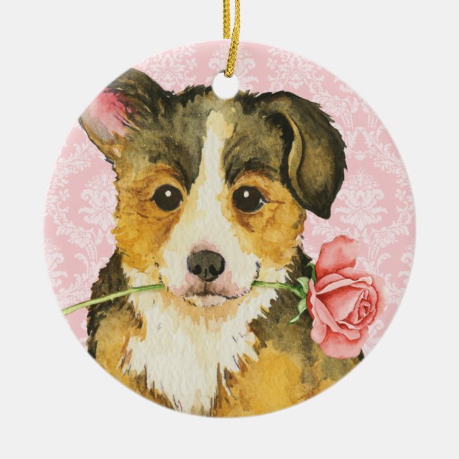 Adorno De Cerámica Valentine Rosa Pembroke Welsh Corgi (Frente)