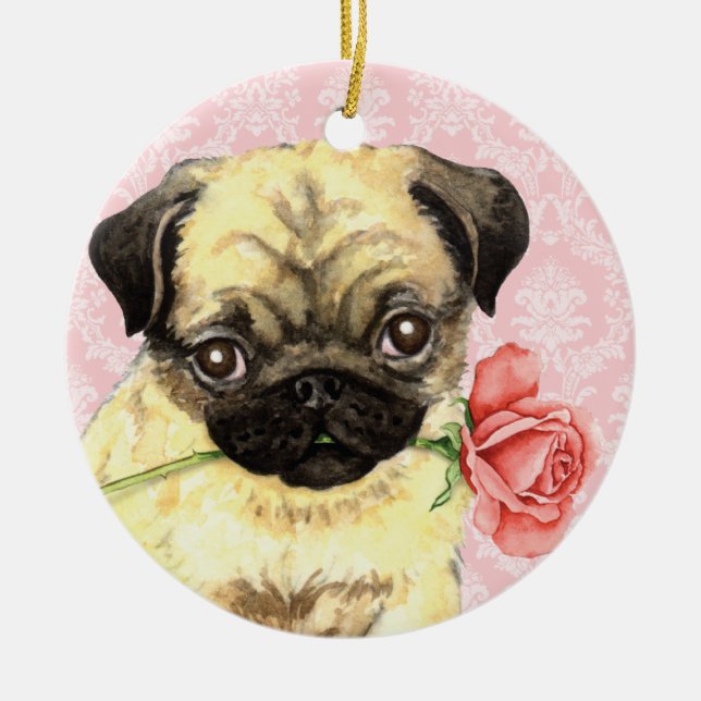 Adorno De Cerámica Valentine Rosa Pug (Frente)