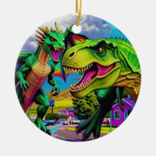 Adorno De Cerámica Vamos a Jugar - Dragón Verde y Dinosaurio