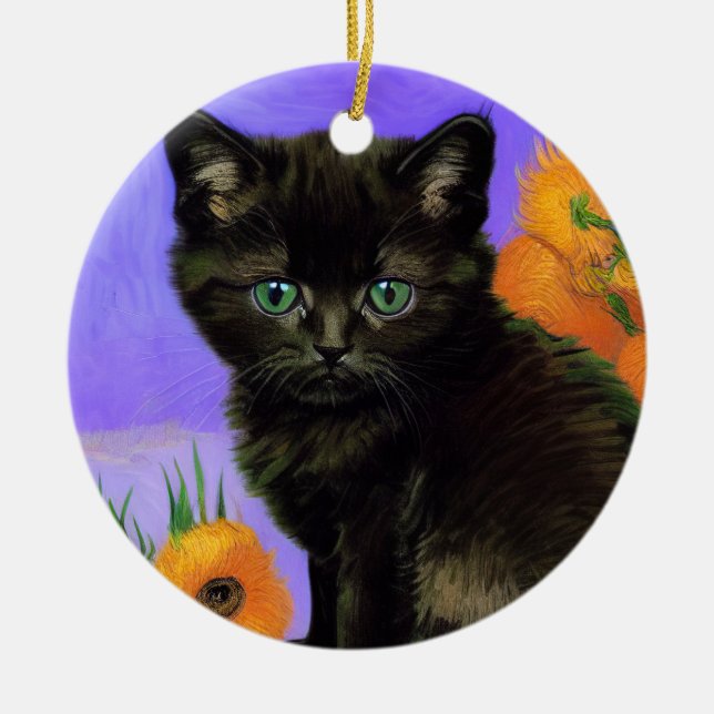 Adorno De Cerámica Van Gogh Black Kitten con girasoles (Frente)