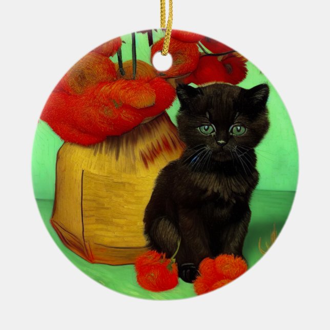 Adorno De Cerámica Van Gogh Black Kitten Red Flowers (Frente)