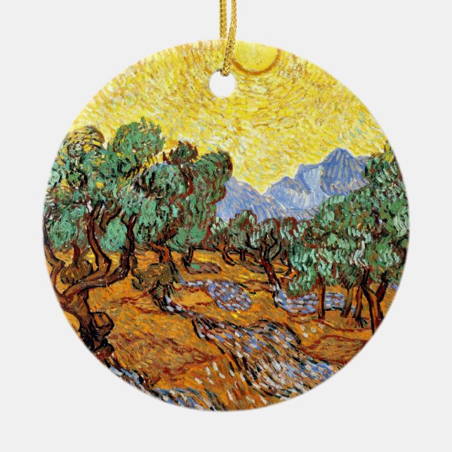 Adorno De Cerámica Van Gogh: Olivos con cielo y sol amarillo (Frente)