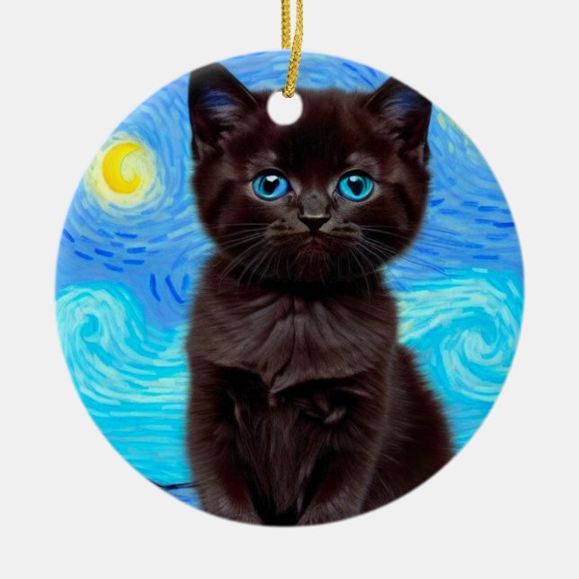 Adorno De Cerámica Van Gogh Starry Night Black Cat (Frente)