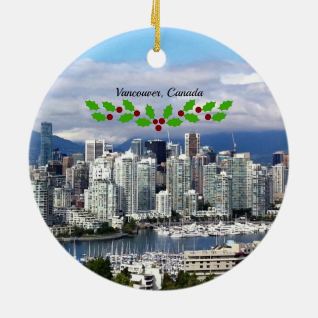 Adorno De Cerámica Vancouver Canada Skyline con los Navidades holly (Atrás)