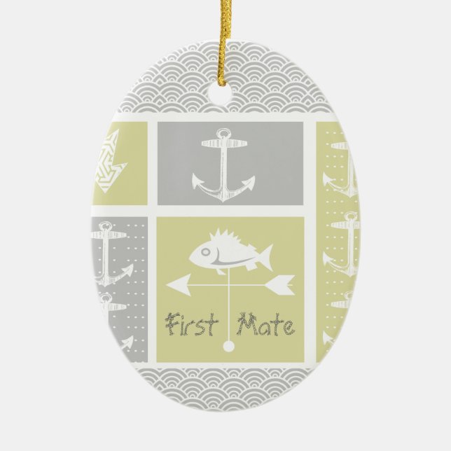Adorno De Cerámica Vane del clima de peces náutico amarillo y gris (Frente)