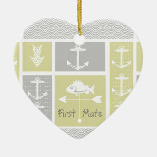 Adorno De Cerámica Vane del clima de peces náutico amarillo y gris