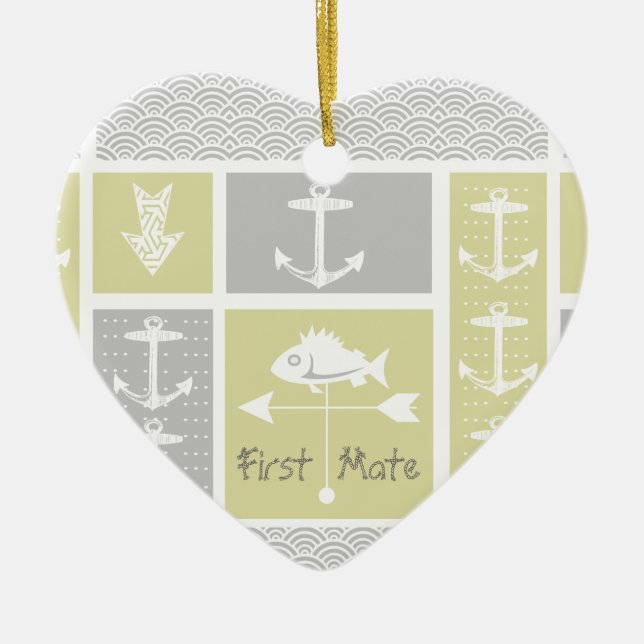 Adorno De Cerámica Vane del clima de peces náutico amarillo y gris (Frente)