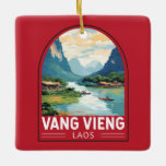 Adorno De Cerámica Vang Vieng Laos Viaje de arte<br><div class="desc">Diseño de viaje vectorial retro Vang Vieng. Vang Vieng es una pequeña ciudad al norte de Vientiane,  en el río Nam Song de Laos. Está rodeado de impresionantes montañas de piedra caliza y cuevas.</div>