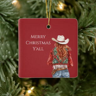 Adorno De Cerámica Vaquera Pelo Rojo Navideño Occidental