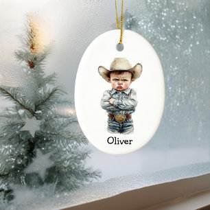 Adorno De Cerámica Vaquero Gruñón Personalizado con Ropa de Denim