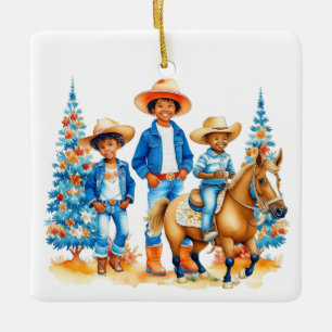 Adorno De Cerámica Vaquero Negro Vaquera Niños Con Caballo Navidad