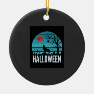 Adorno De Cerámica Vector Luna Cementerio Lobo Halloween