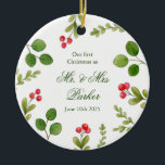 Adorno De Cerámica Vegetación acuarela Nuestra primera foto de Navida<br><div class="desc">Recién casados,  nuestro primer ornamento navideño con Navidades acuarelas añaden su boda favorito al fondo. Hace un maravilloso regalo de mantenimiento.</div>