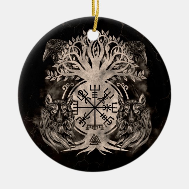 Adorno De Cerámica Vegvisir - Yggdrasil con Ravens & Wolves (Frente)