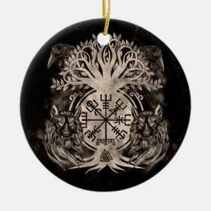 Adorno De Cerámica Vegvisir - Yggdrasil con Ravens y Wolves