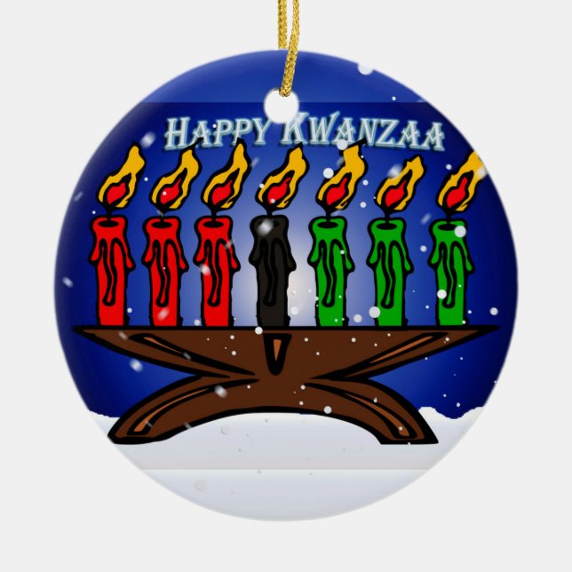 Adorno De Cerámica Vela de Kwanzaa Kinara con nieve y saludo (Frente)