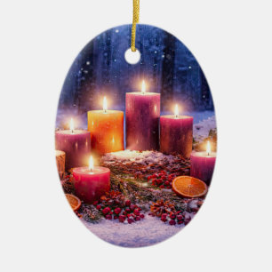 Adorno De Cerámica Velas Bonitas del Solsticio de Invierno en la Niev