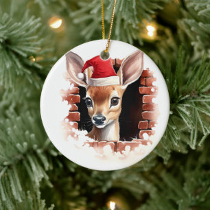 Adorno De Cerámica Venado bebé en Santa Hat - 3D