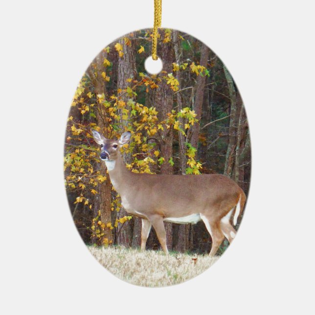 Adorno De Cerámica Venado frente al árbol amarillo otoñal (Frente)