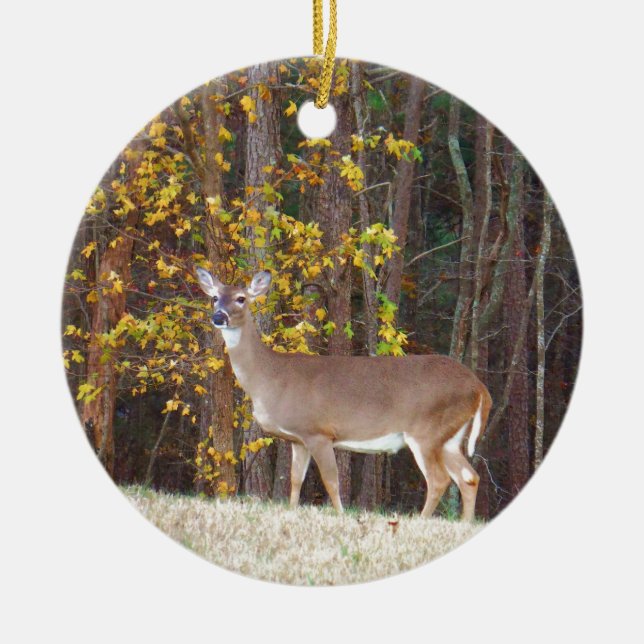 Adorno De Cerámica Venado frente al árbol amarillo otoñal (Frente)