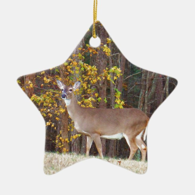 Adorno De Cerámica Venado frente al árbol amarillo otoñal (Frente)