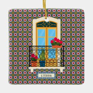 Adorno De Cerámica Ventana de casa de Lisboa con plantas y azulejos