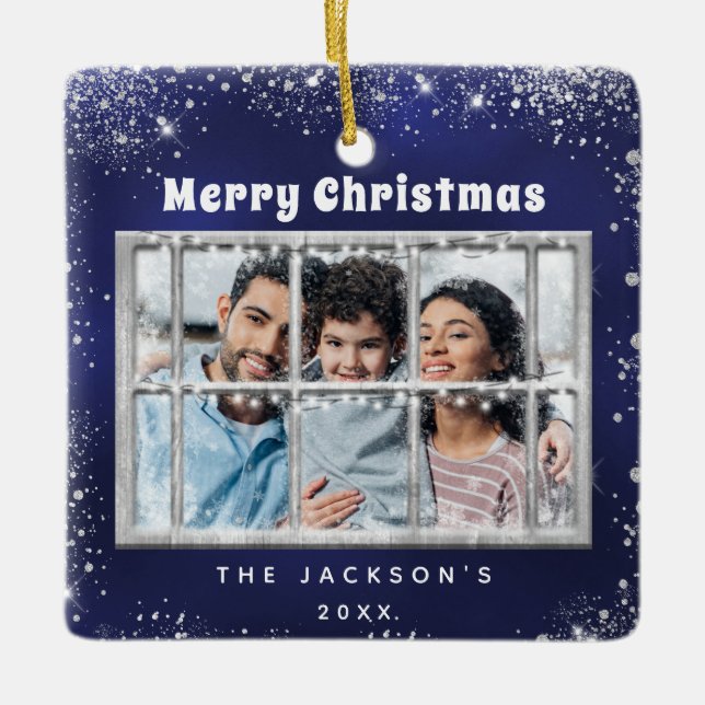 Adorno De Cerámica Ventana de invierno de nieve azul (Anverso)