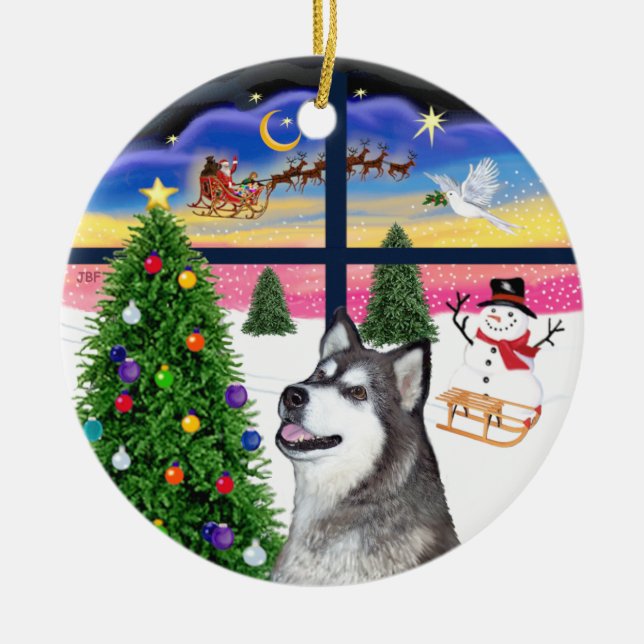 Adorno De Cerámica Ventana de Navidad - Alaskan Malamute (Frente)