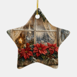 Adorno De Cerámica Ventana de Navidad con Poinsettia Nevada