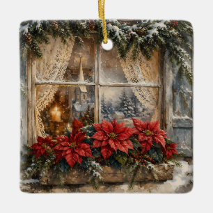 Adorno De Cerámica Ventana de Navidad con Poinsettia Nevada