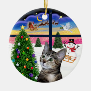 Adorno De Cerámica Ventana de Navidad - Gato tigre atigrado marrón