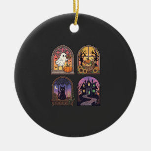 Adorno De Cerámica Ventana Gótica de Halloween Fantasma Calabaza Gato
